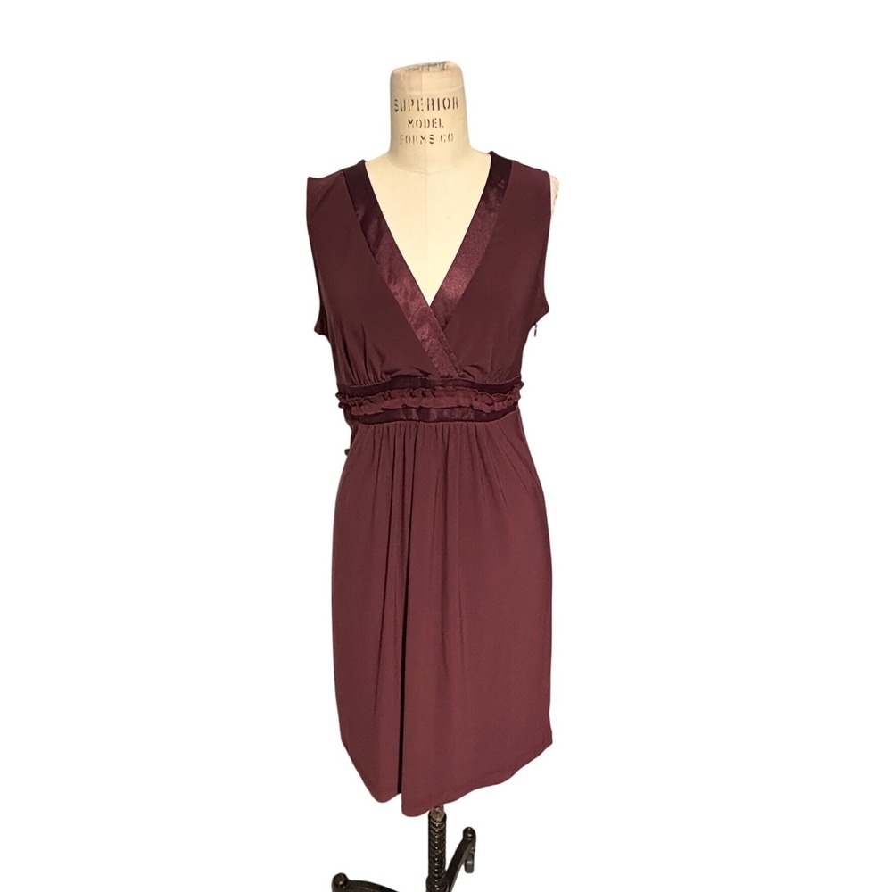 Daisy Fuentes Burgundy Empire Waist Velvet Trim V-Neck Office Going out Dress M